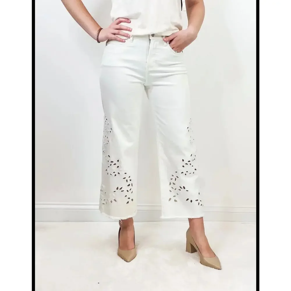 Liverpool Stride High Rise Wide Leg Crop Jeans White Eyelet 10/30 - Picture 1 of 6
